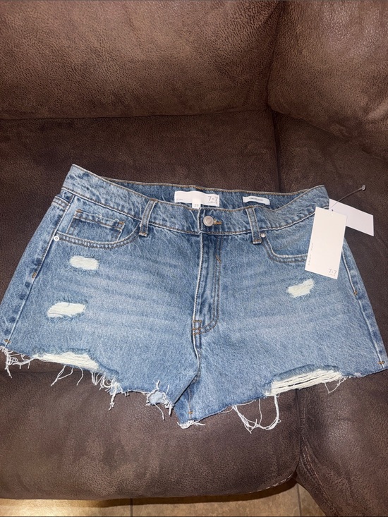 Seven7 Pants - 7•7 High-Rise Distressed Denim Shorts - Light Blue